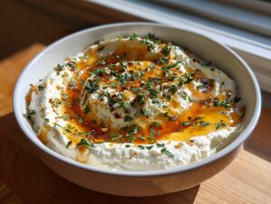 A white bowl filled with creamy ricotta dip, drizzled generously with golden honey and topped with fresh herbs and chili flakes.