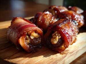 Close-up of perfectly cooked, glossy bacon-wrapped dates stuffed with nuts, ready to serve.