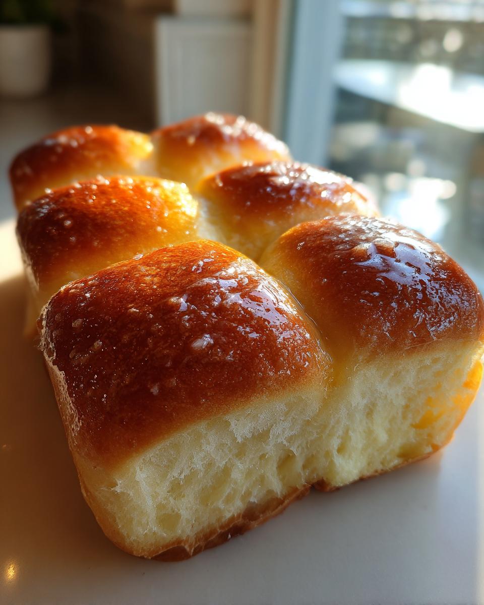 A close-up view of six golden-brown, shiny, glazed dinner rolls showing their soft, fluffy interior texture.