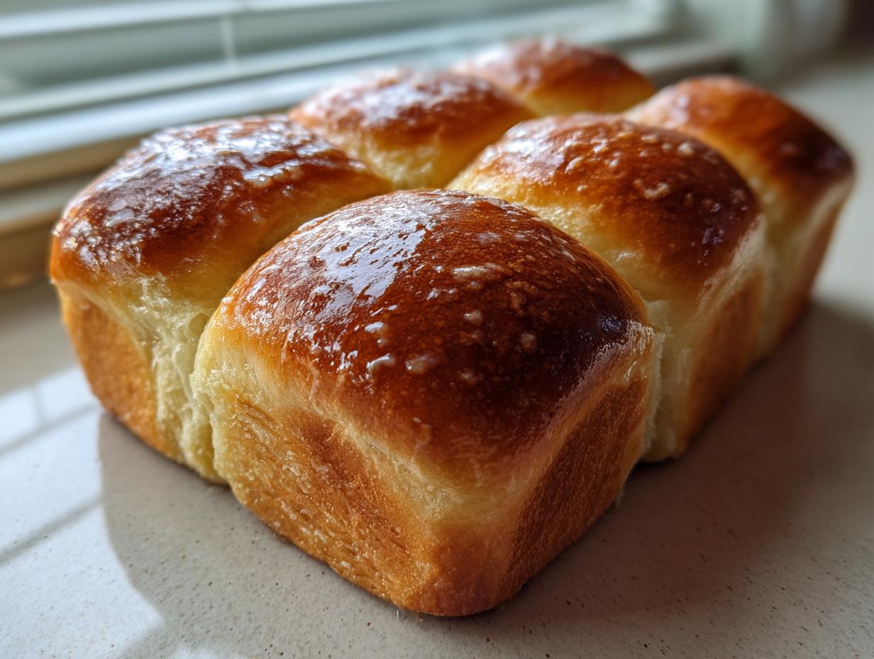 A close-up of six golden brown, shiny dinner rolls baked together in a pan.