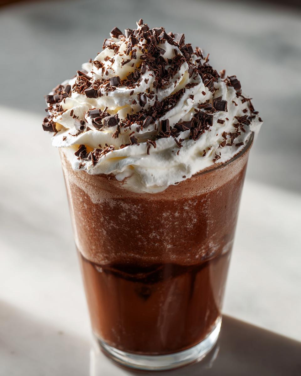 A tall glass filled with rich frozen hot chocolate topped high with whipped cream and chocolate shavings.