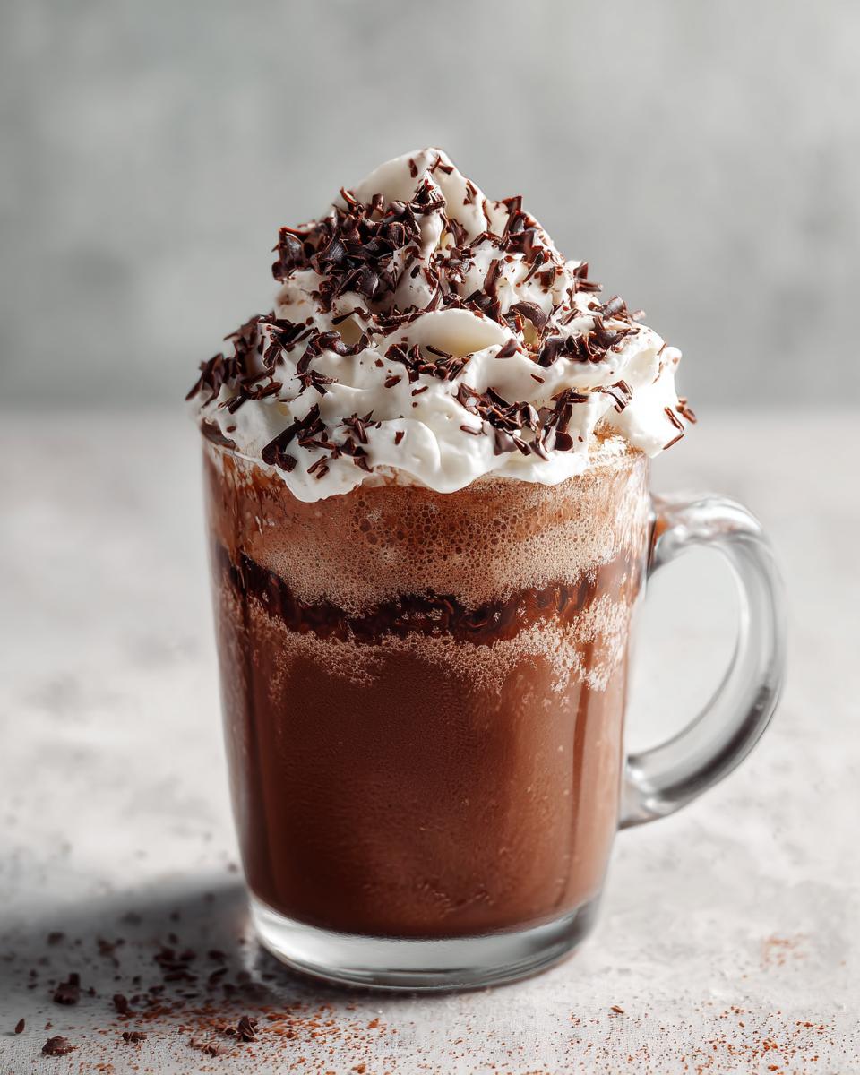 A tall glass of amazing frozen hot chocolate topped with a mountain of whipped cream and chocolate shavings.