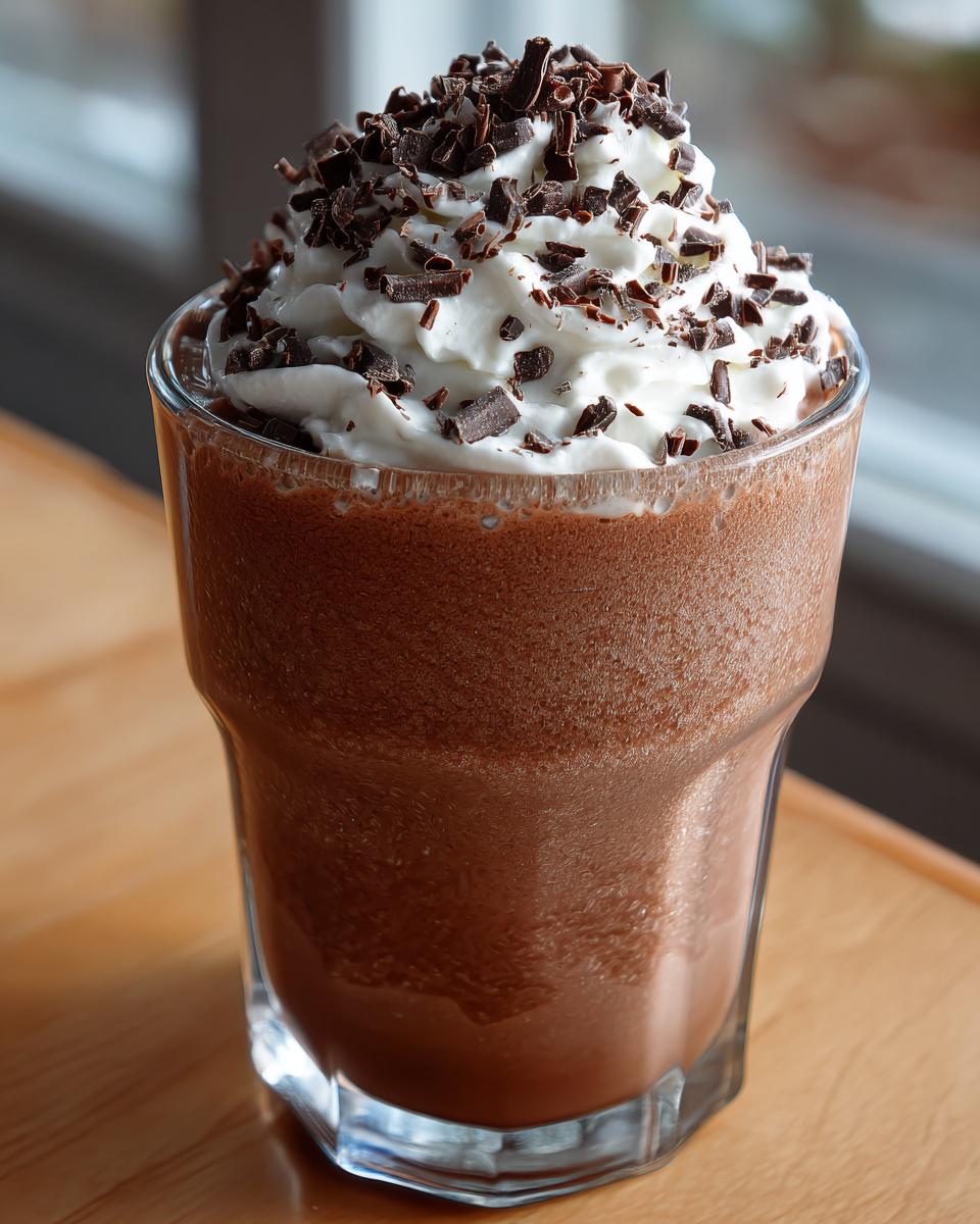 A tall glass filled with thick, blended frozen hot chocolate, topped with whipped cream and chocolate shavings.