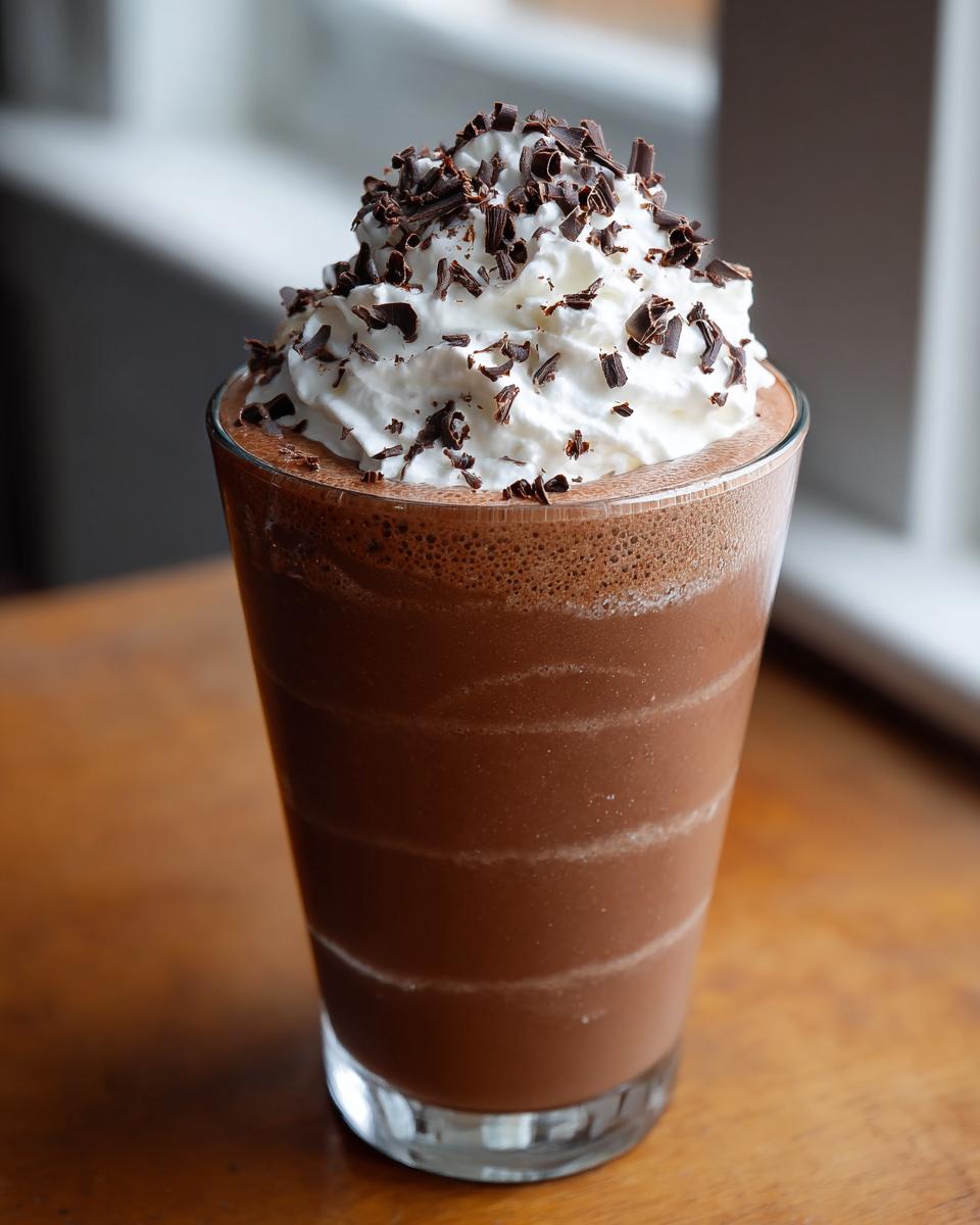 A tall glass of rich, blended frozen hot chocolate topped with whipped cream and chocolate shavings.