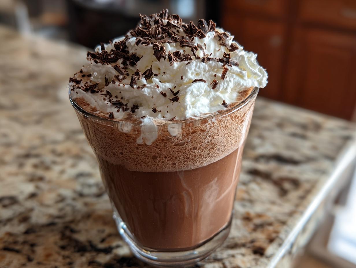 A glass of amazing frozen hot chocolate topped high with whipped cream and chocolate shavings.