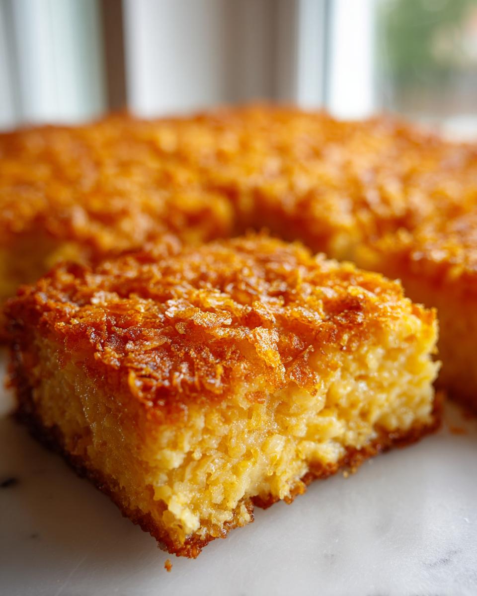 Close-up of a square slice of golden brown hashbrown casserole with a crispy top layer.