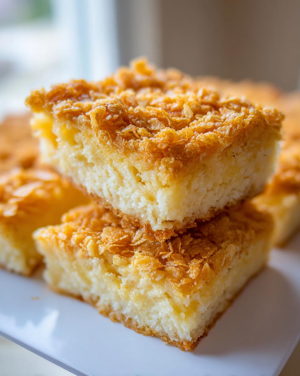 Close-up of two stacked squares of creamy hashbrown casserole with a crunchy, golden cornflake topping.