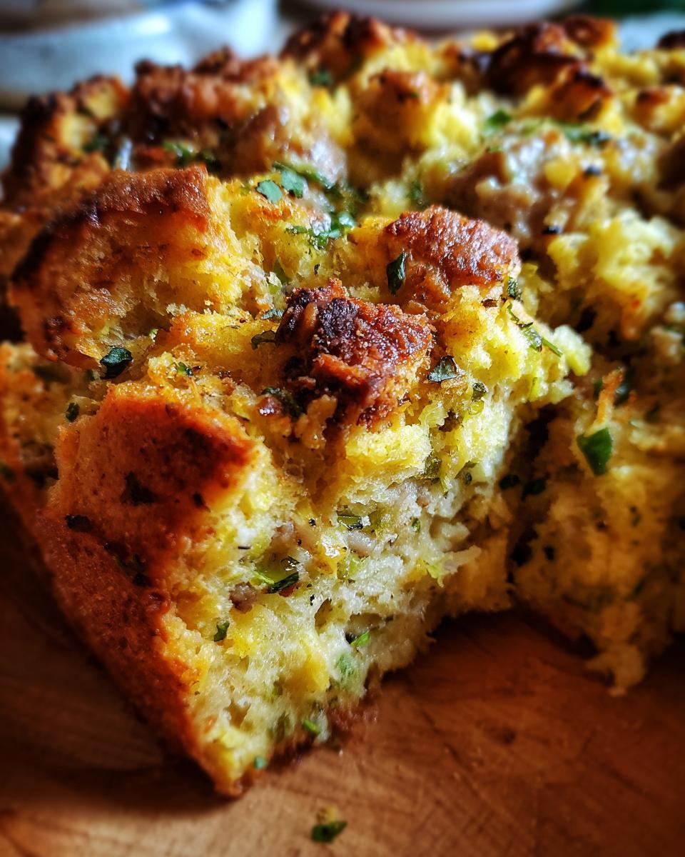 Close-up view of baked sausage stuffing showing a golden-brown crust and soft interior with herbs.