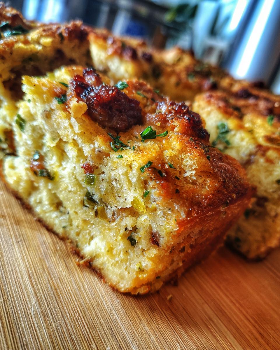 A close-up, golden-brown slice of amazing sausage stuffing, topped with herbs, resting on a wooden cutting board.