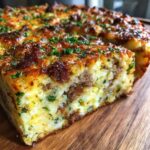 Close-up of a thick slice of baked sausage stuffing casserole with a golden-brown, cheesy top.