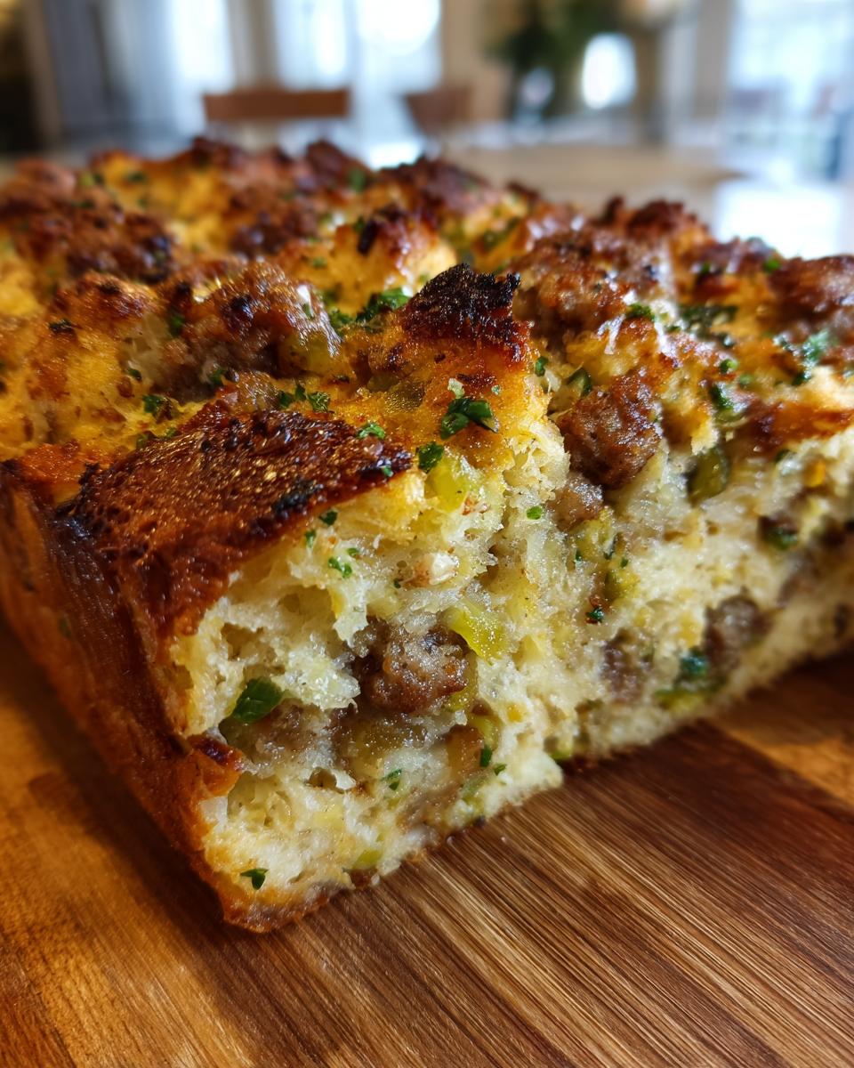 A close-up, cross-section view of baked sausage stuffing showing browned bread cubes, savory sausage pieces, and green herbs.