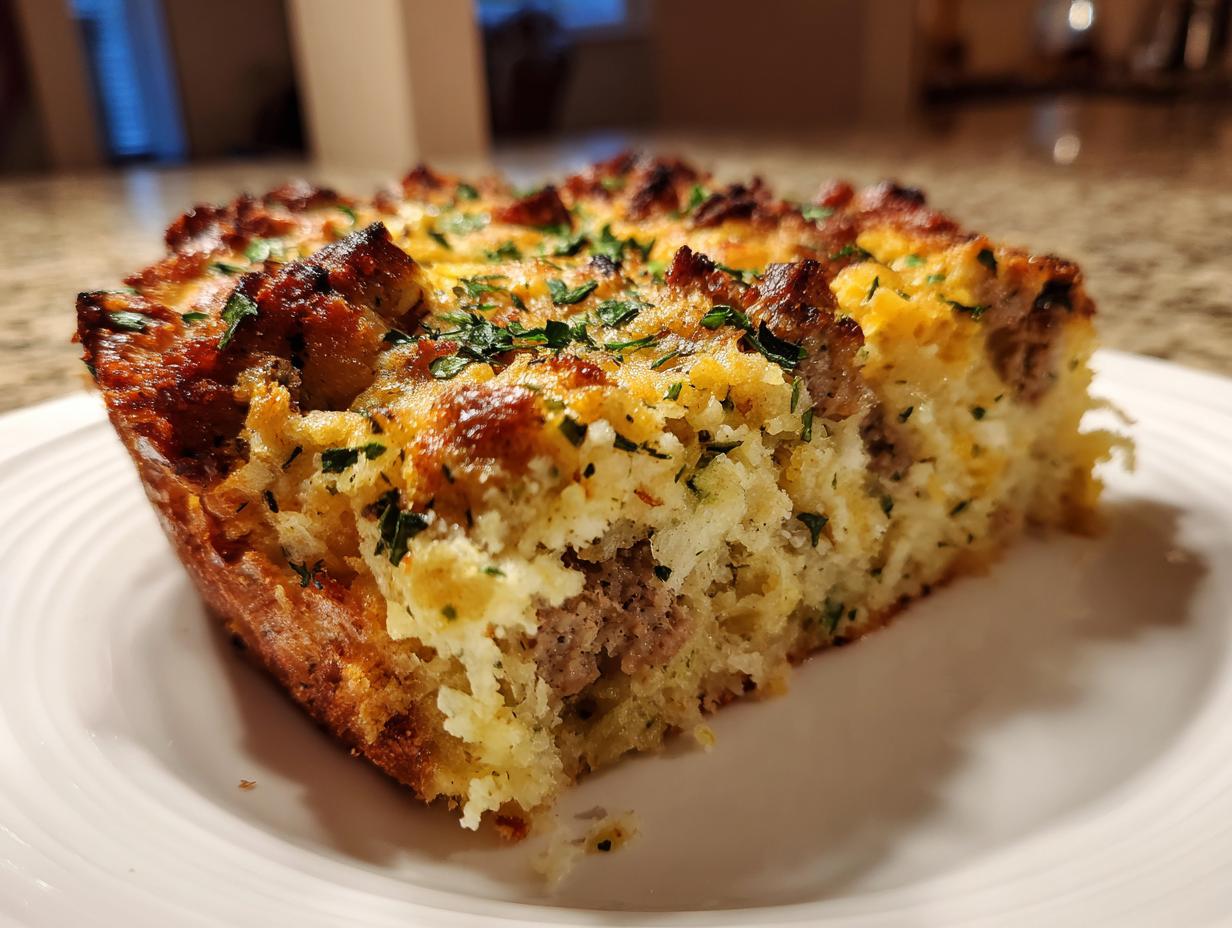 A close-up slice of baked sausage stuffing casserole with a golden-brown crust and visible chunks of sausage.