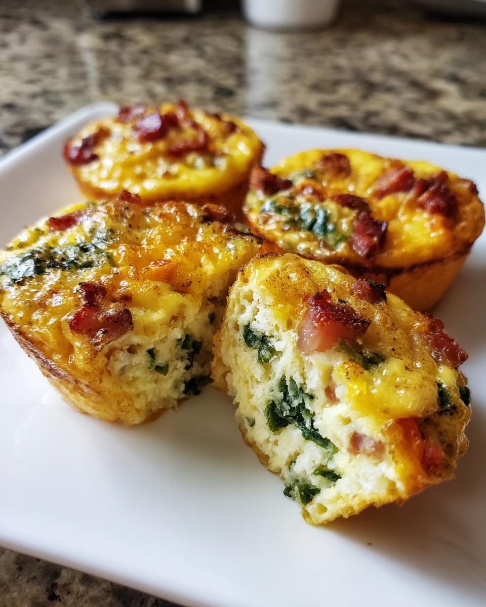 Four savory Egg Muffin Cups, one cut in half showing spinach and bacon filling, on a white plate.