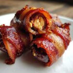 Close-up of three glazed bacon-wrapped dates, showing the crispy bacon and the almond filling inside.