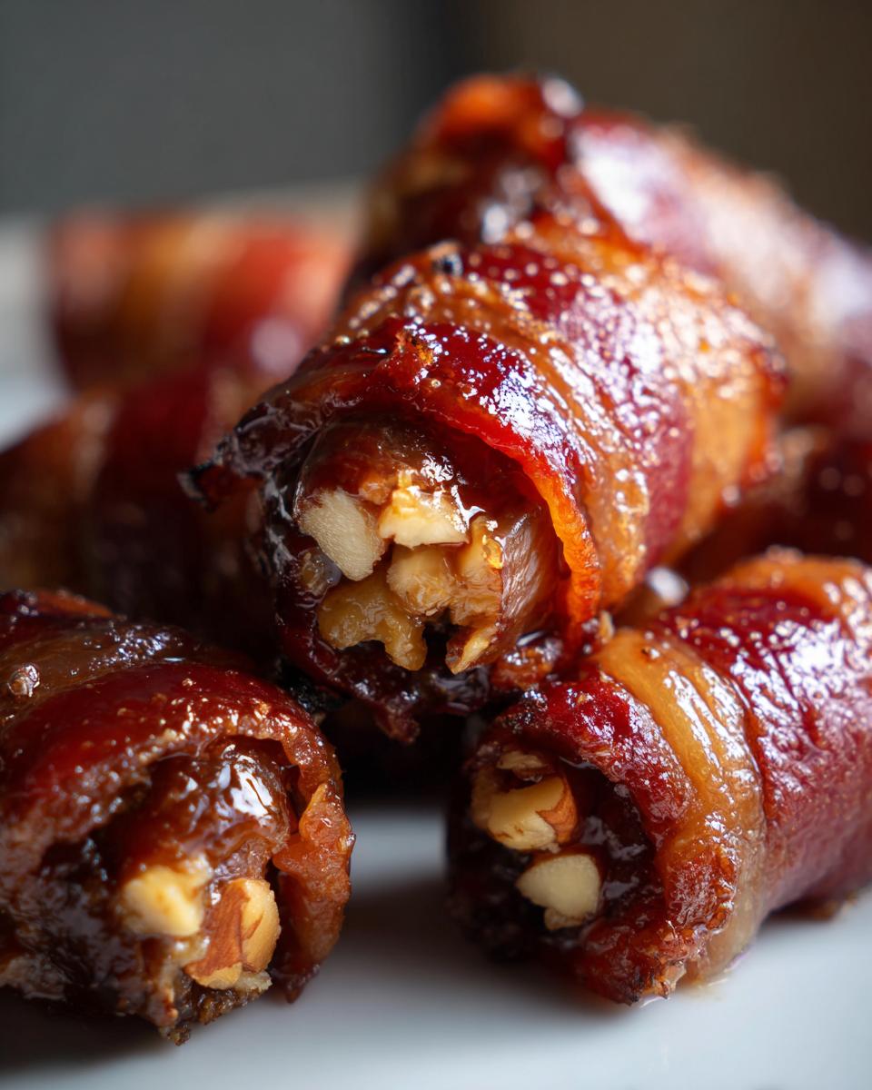 A close-up of several sweet and savory bacon-wrapped dates stuffed with nuts, glistening with glaze.