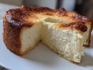 A slice cut from a baked Keto cheesecake showing a creamy white interior and a deeply browned, caramelized top crust.