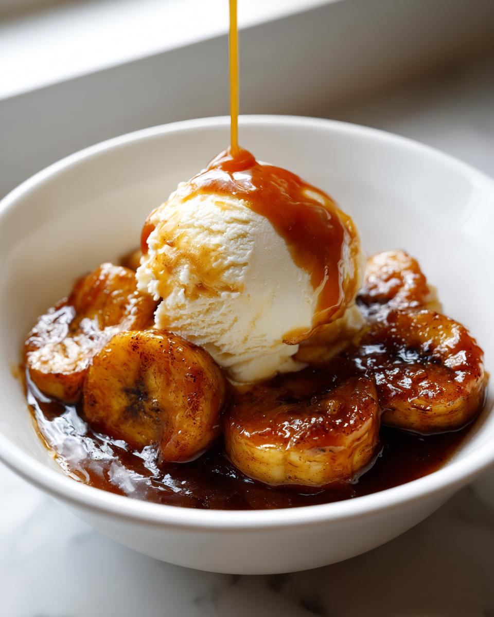 Close-up of caramelized bananas foster topped with vanilla ice cream receiving a drizzle of warm caramel sauce.