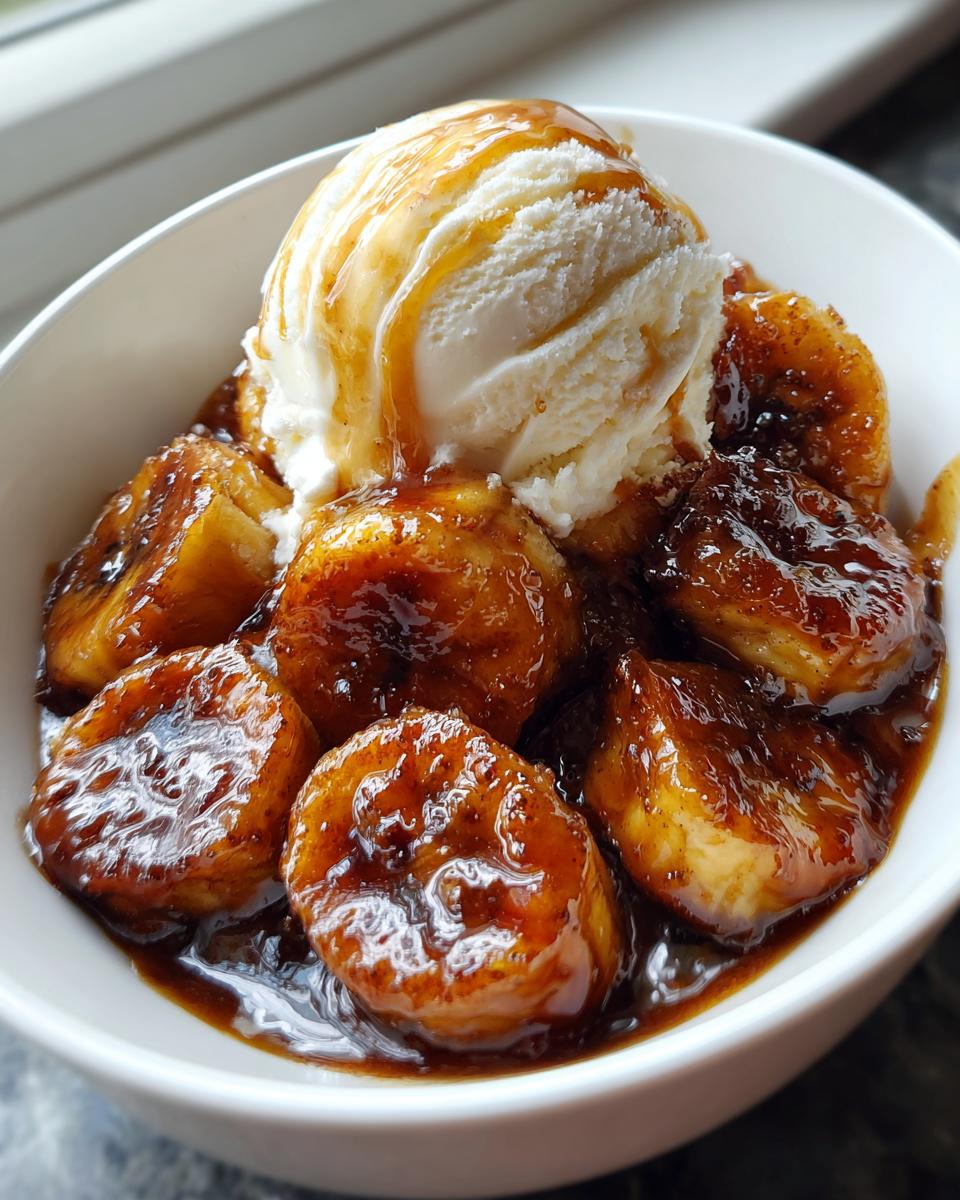 A close-up of warm, caramelized bananas foster topped with a scoop of vanilla ice cream drizzled with sauce.