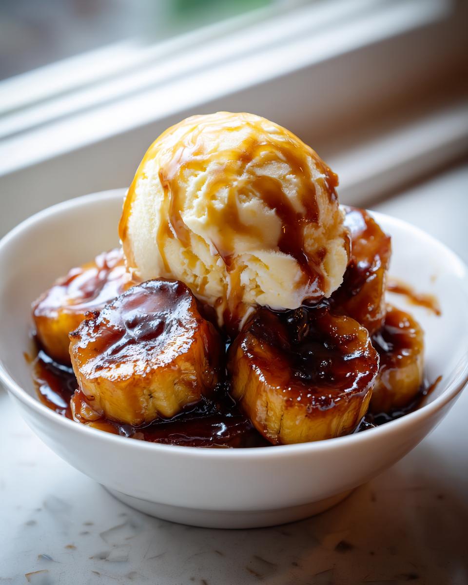Close-up of caramelized bananas in rich sauce topped with vanilla ice cream, classic Bananas Foster dessert.