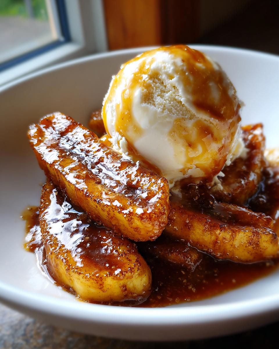 Close-up of caramelized bananas in rich sauce topped with vanilla ice cream, classic Bananas Foster dessert.