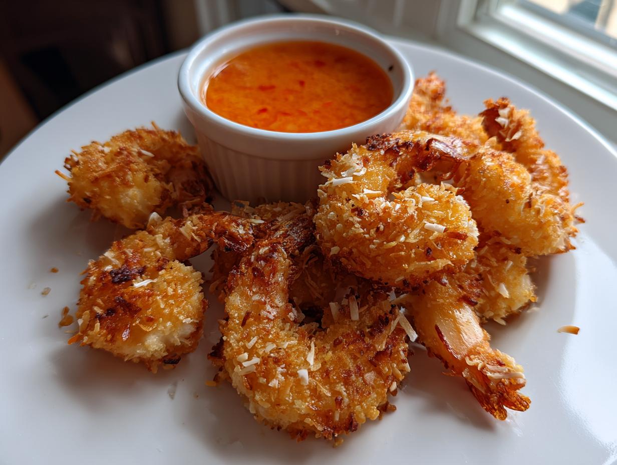 A plate of golden-brown, crispy coconut shrimp served with a small ramekin of bright orange sweet chili dipping sauce.