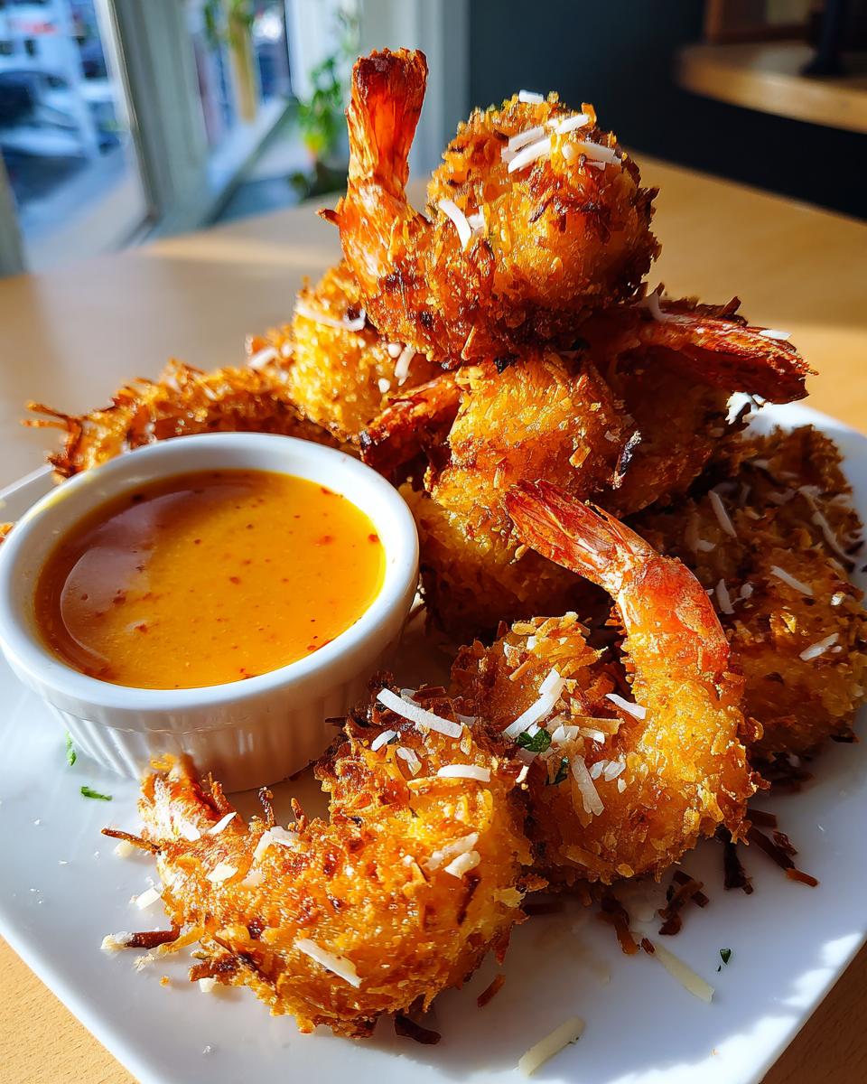 A stack of crispy, golden brown coconut shrimp served with a side of orange dipping sauce on a white plate.