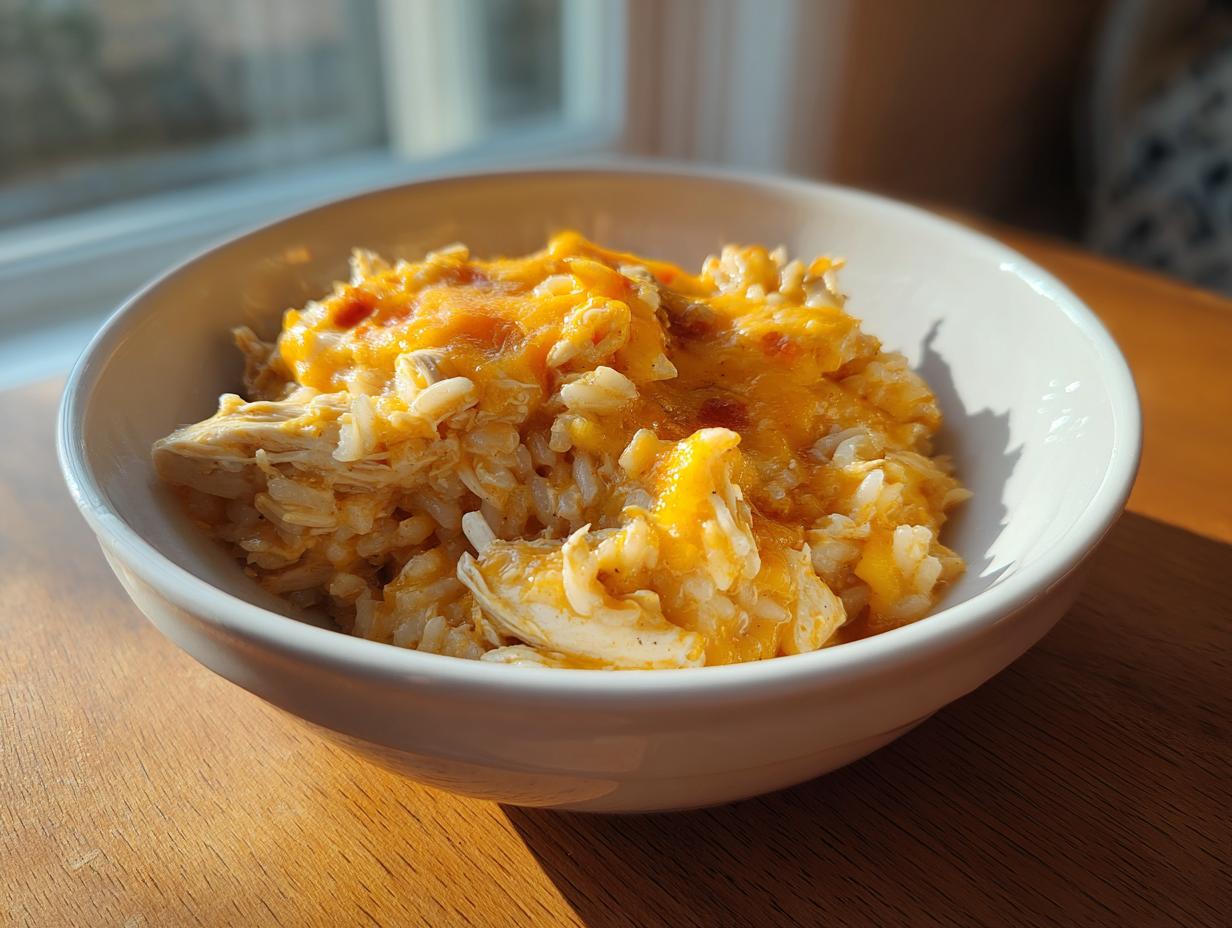 A white bowl filled with creamy cheesy chicken and rice, topped with melted cheddar cheese.