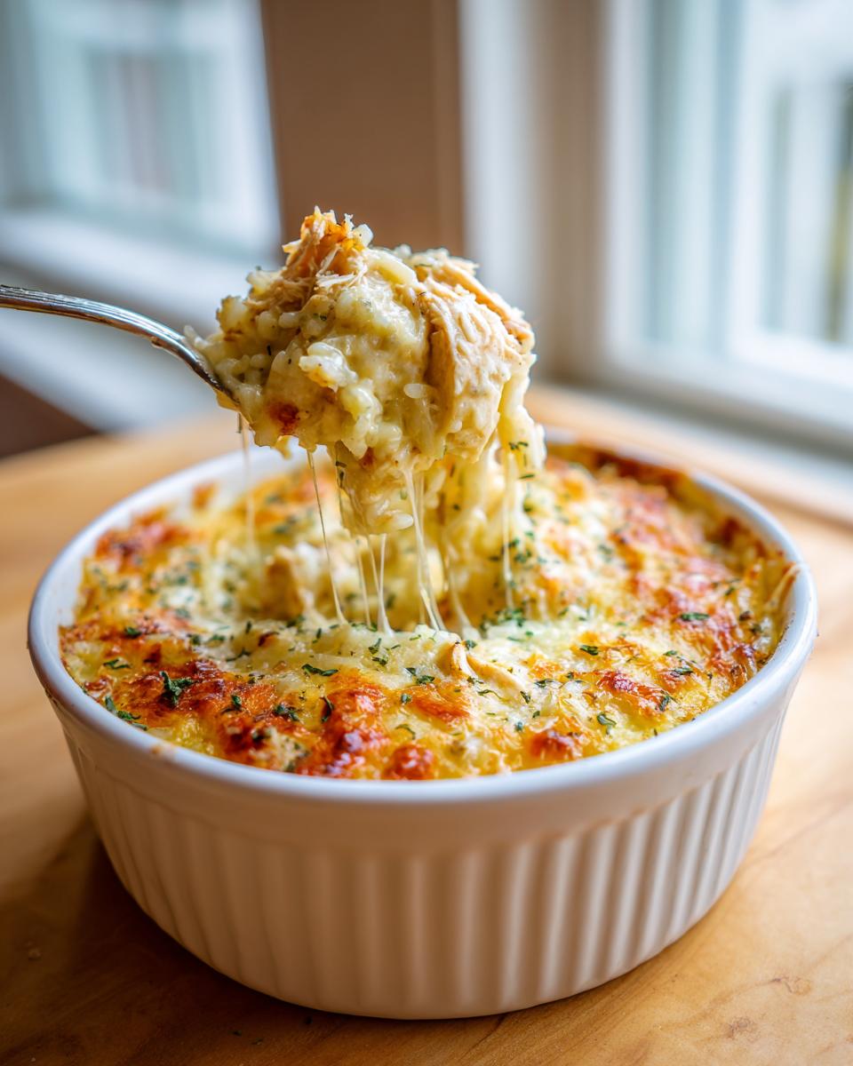 A spoonful of creamy, cheesy chicken and rice is lifted from a white baking dish, showing long cheese strings.