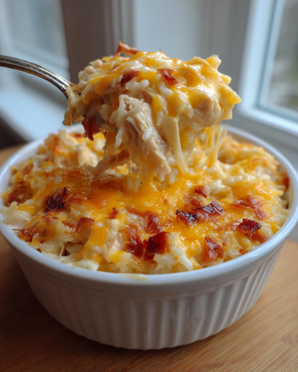 A spoonful of creamy, cheesy chicken and rice casserole being lifted from a white bowl, showing melted cheese pull.