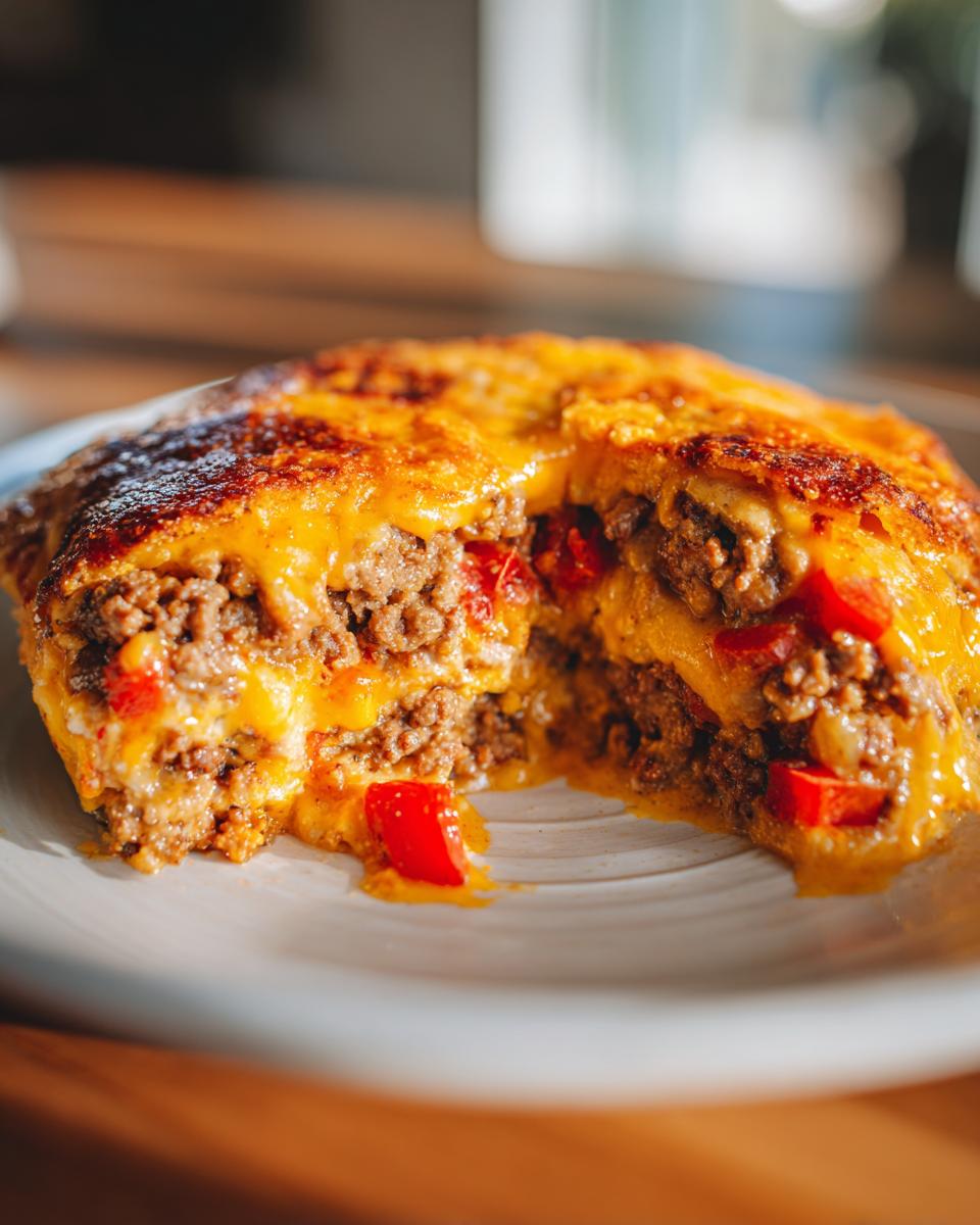 A close-up, cross-section view of a rich Dorito Casserole slice showing layers of seasoned ground beef, red peppers, and melted, browned cheddar cheese.