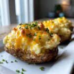 A close-up of a perfectly prepared twice baked potatoes, topped with melted cheddar cheese and fresh green chives.