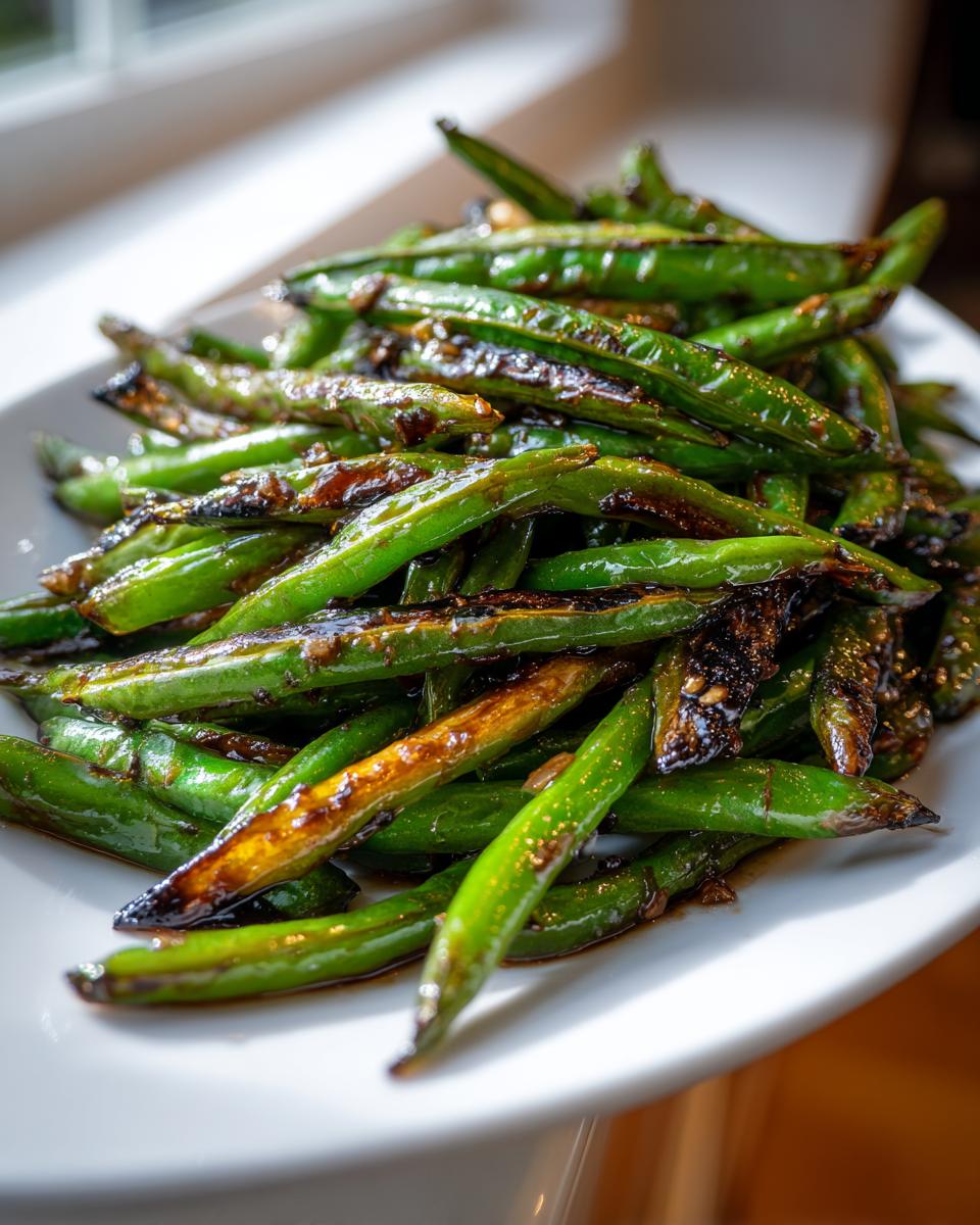 A close-up of vibrant, blistered chinese green beans with garlic sauce piled high on a white serving dish.