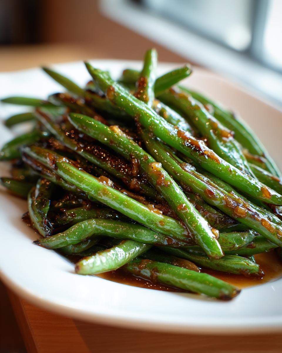 A close-up of bright green chinese green beans with garlic sauce glistening on a white plate.