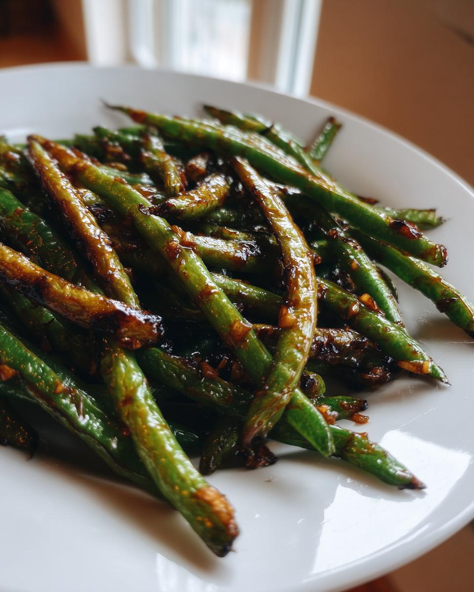 Close-up of vibrant green beans coated in a glossy, dark garlic sauce, ready to serve.