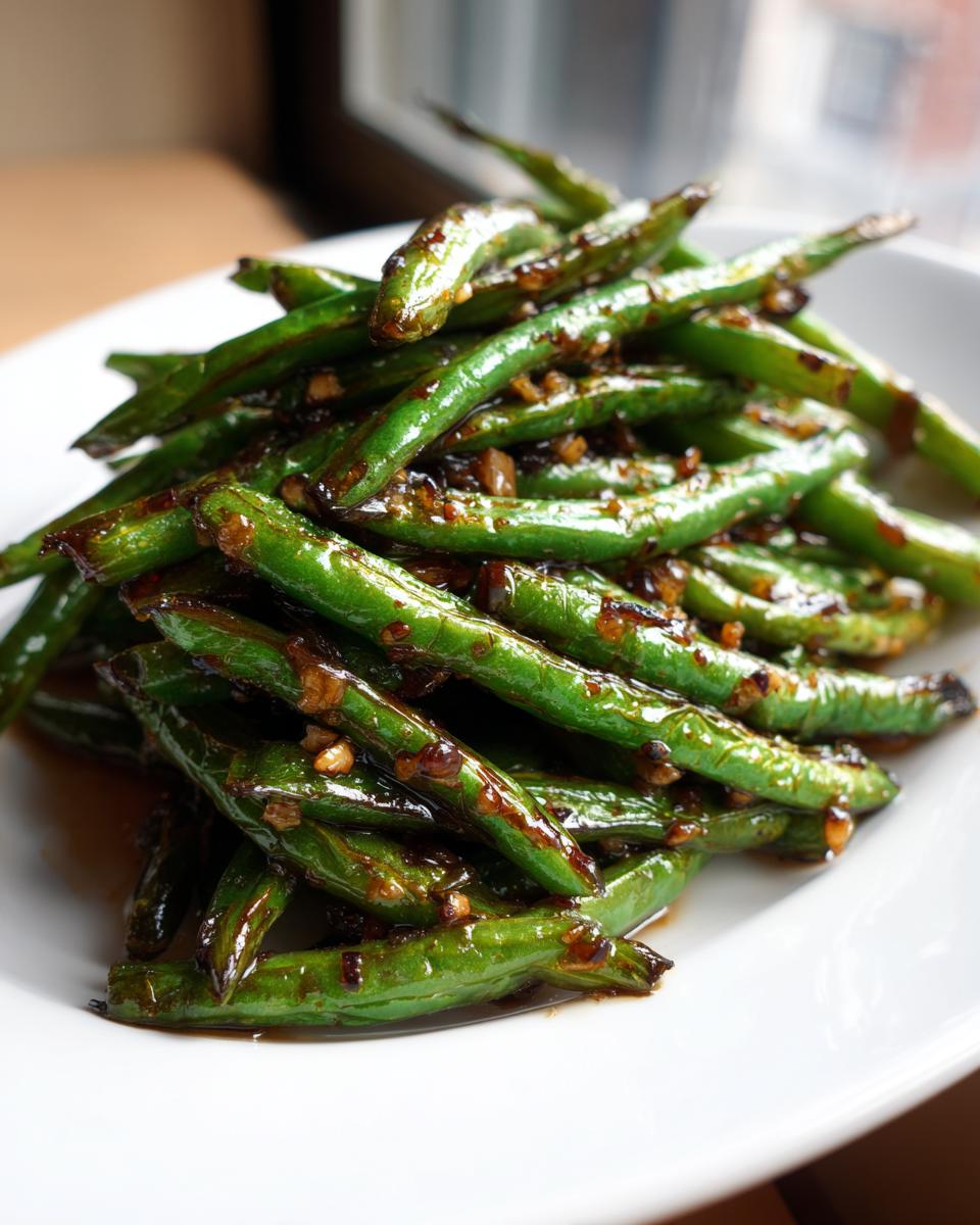 A close-up of bright green, stir-fried chinese green beans with garlic sauce piled on a white plate.