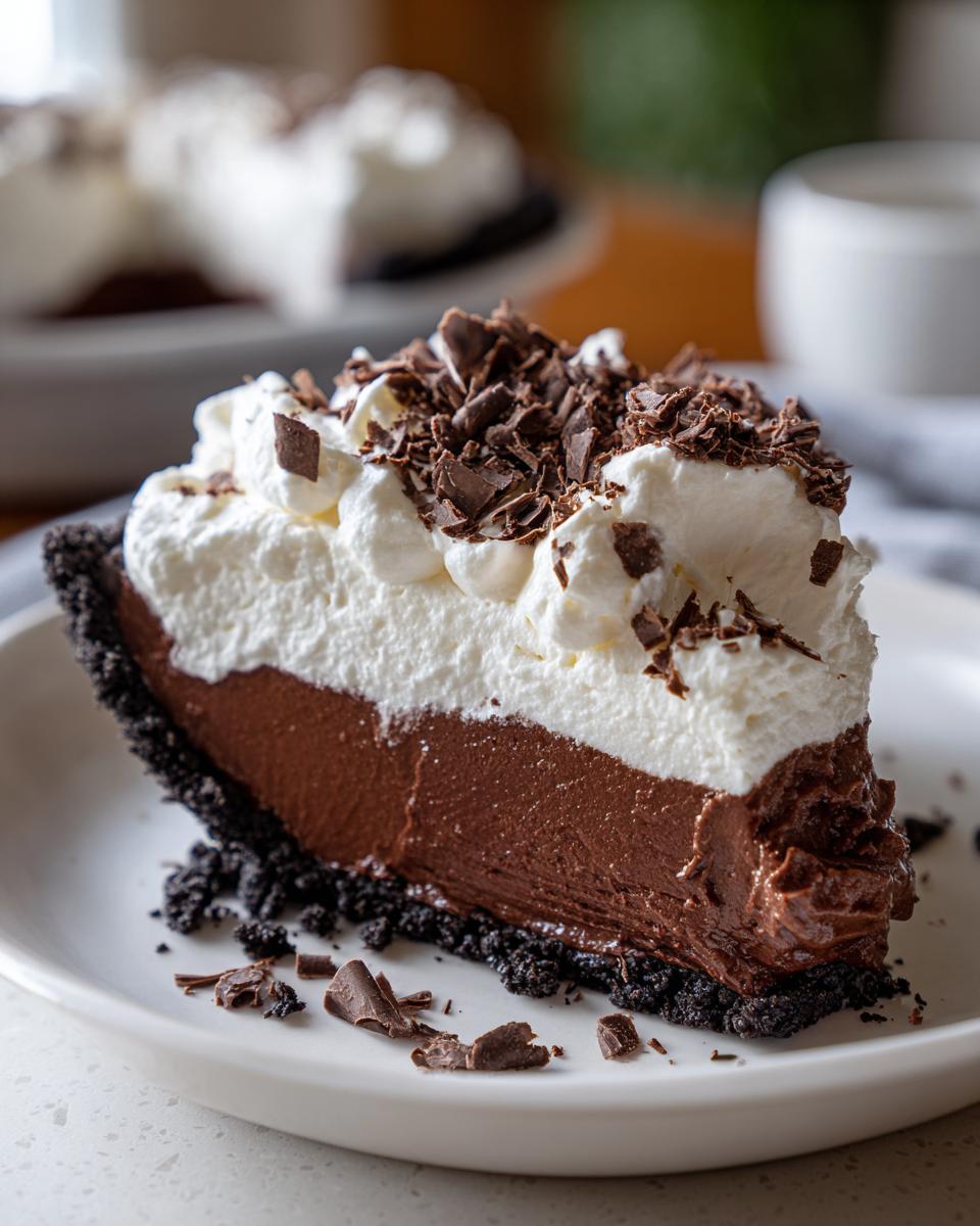 A decadent slice of Christmas chocolate cream pie featuring a dark chocolate filling, thick whipped cream, and chocolate shavings.