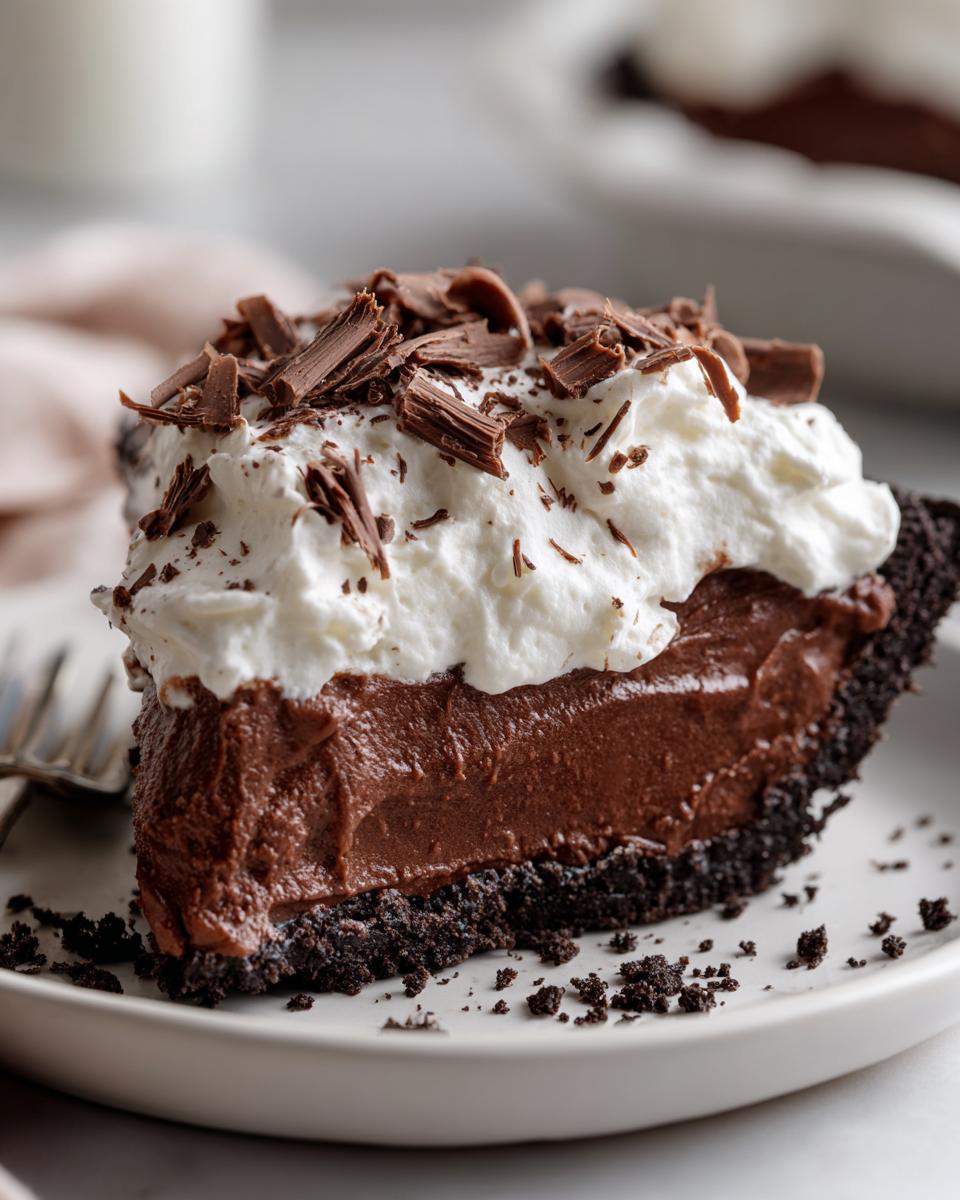 A decadent slice of Christmas chocolate cream pie featuring a dark crust, rich filling, and whipped cream topped with chocolate shavings.