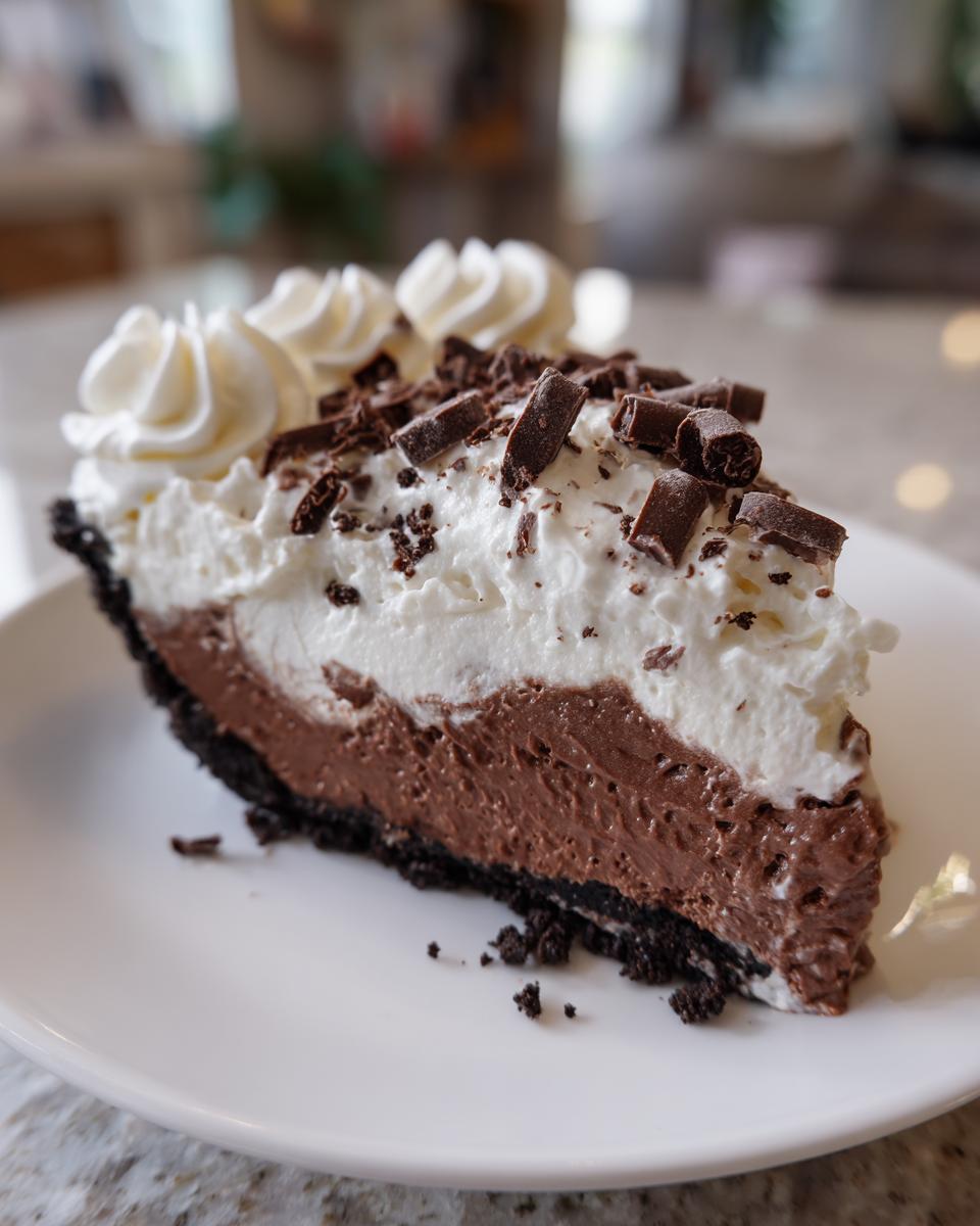 A decadent slice of Christmas chocolate cream pie featuring a dark crust, rich chocolate filling, and whipped cream topped with chocolate shavings.