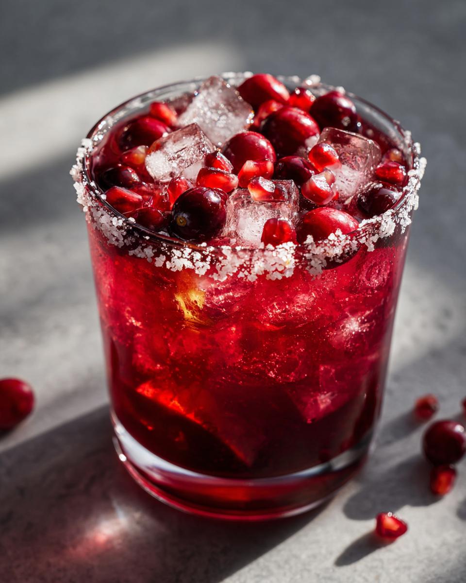 A vibrant, deep red cranberry pomegranate margarita cocktail garnished with ice, fresh cranberries, and pomegranate seeds, featuring a salted rim.
