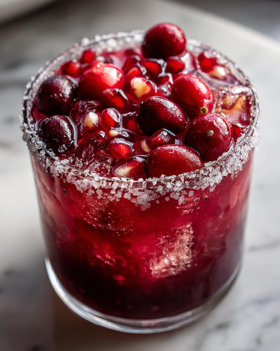Close-up of a vibrant cranberry pomegranate margarita in a salt-rimmed glass, topped with fresh cranberries and pomegranate seeds.