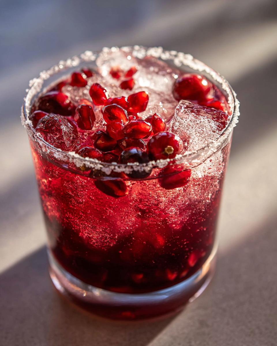Close-up of a vibrant red cranberry pomegranate margarita garnished with fresh pomegranate seeds and a salt rim.