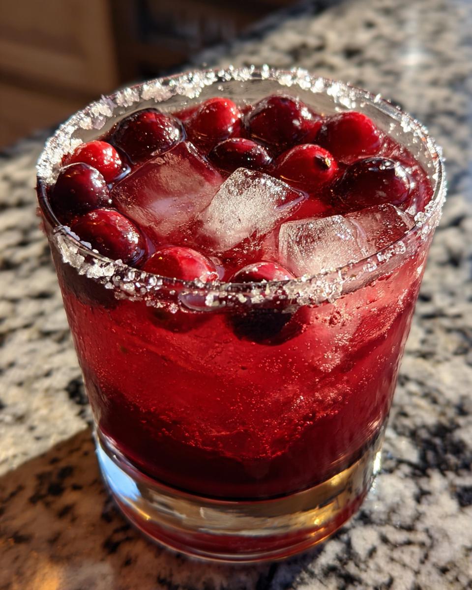 Close-up of a bright red cranberry pomegranate margarita with ice cubes and fresh cranberries, rimmed with sugar.