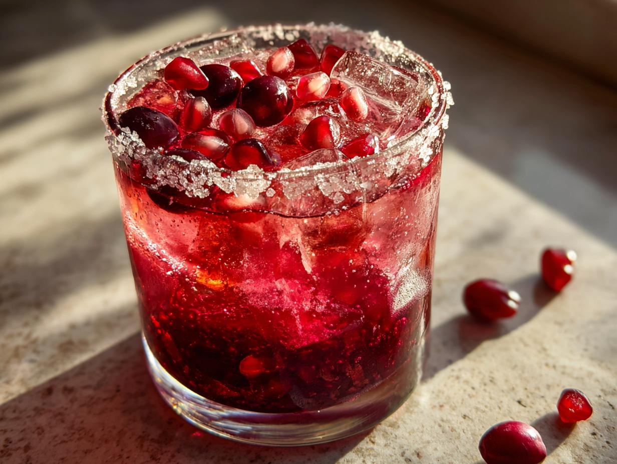 Close-up of a vibrant cranberry pomegranate margarita cocktail with ice and a sugar-rimmed glass, garnished with fresh pomegranate seeds.