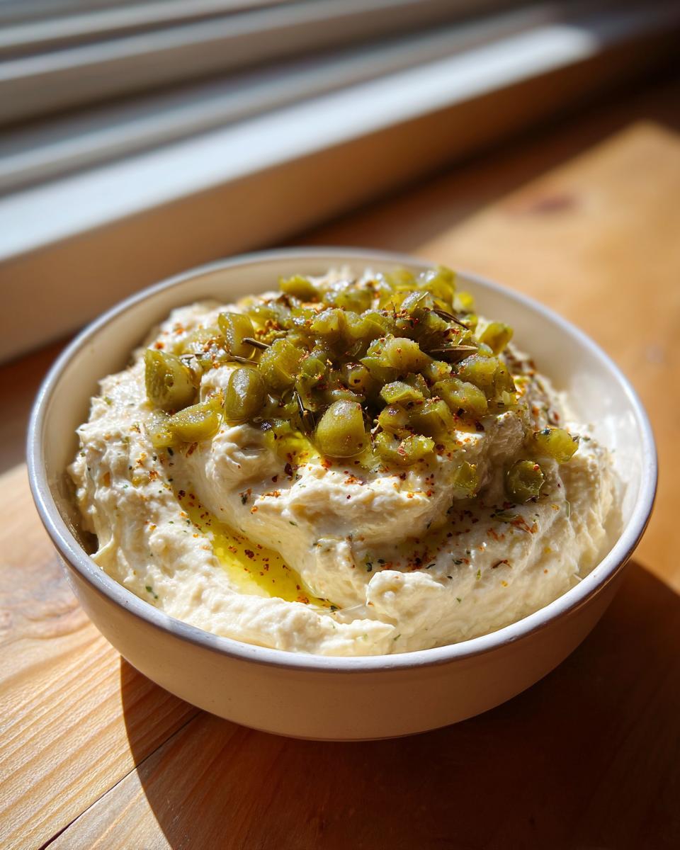 A creamy white dirty martini dip topped generously with chopped green olives, olive oil, and spices.
