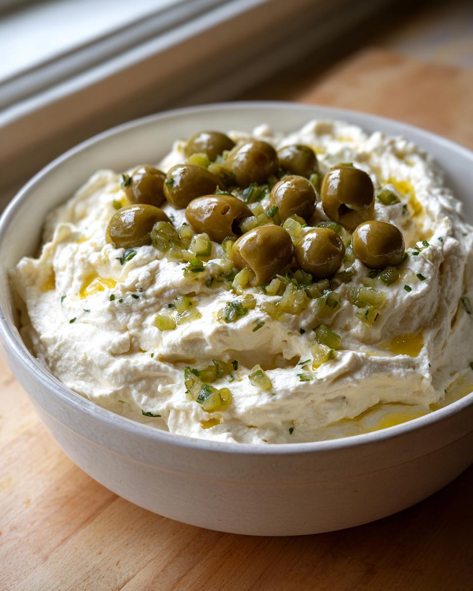 A white bowl filled with creamy dirty martini dip, topped with whole green olives and chopped brine.