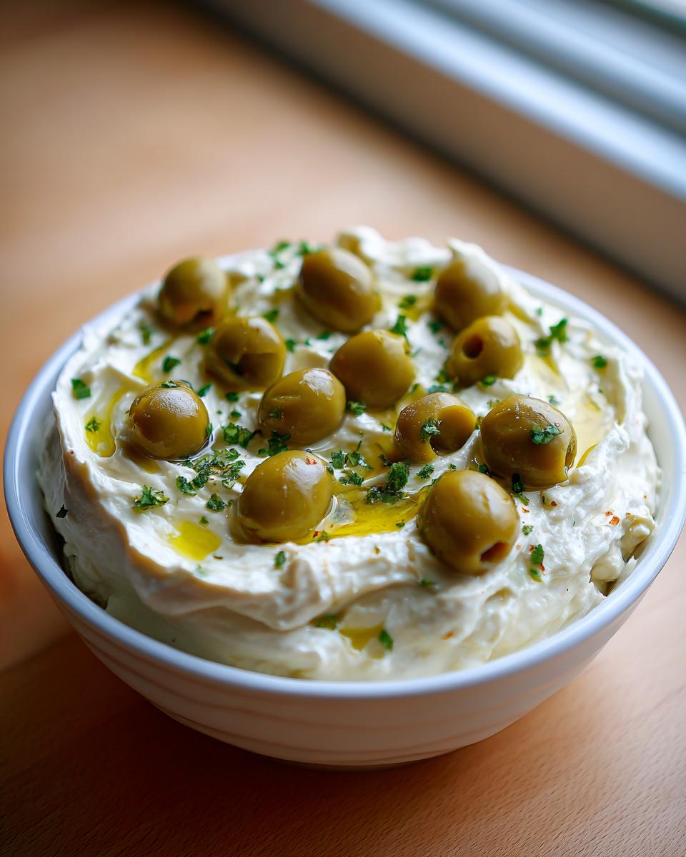 A bowl of creamy white dirty martini dip garnished generously with whole green olives, olive oil, and chopped parsley.