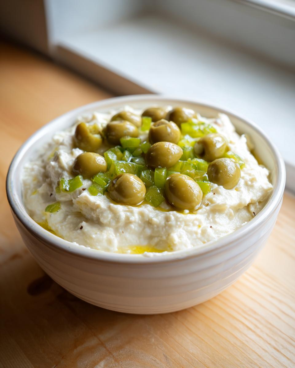 A white bowl filled with creamy dirty martini dip, topped with whole green olives and chopped pimentos.
