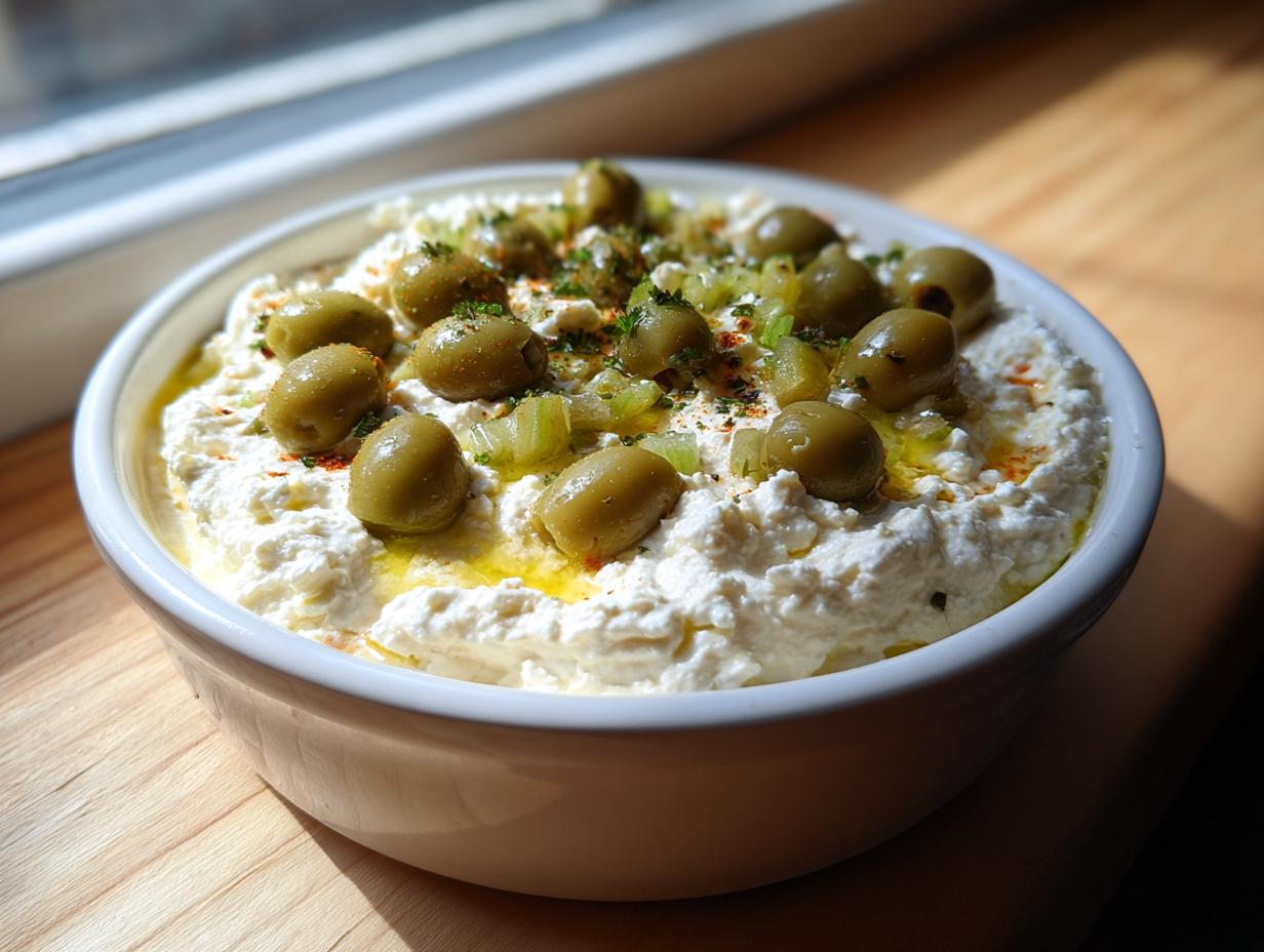 A white bowl filled with creamy dirty martini dip, topped generously with whole green olives and herbs.