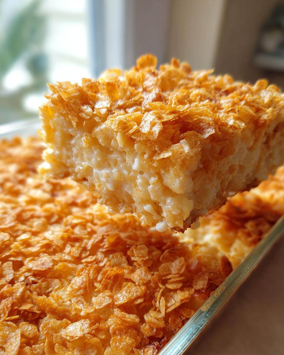 A square serving of creamy hashbrown casserole lifted above the baking dish, showing a crunchy, golden cornflake topping.