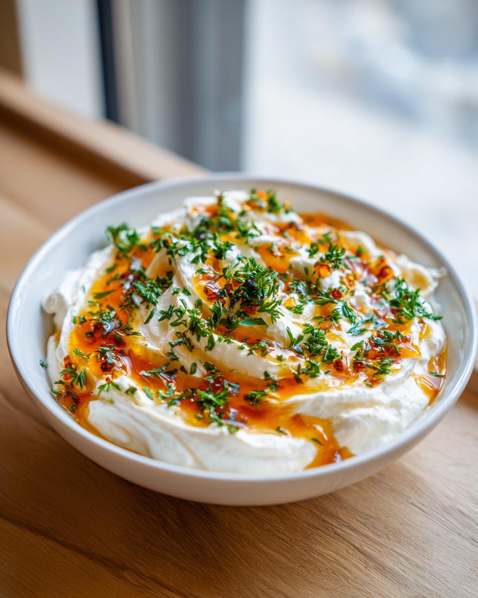 A bowl of creamy white ricotta dip drizzled with spicy chili oil and fresh green herbs.